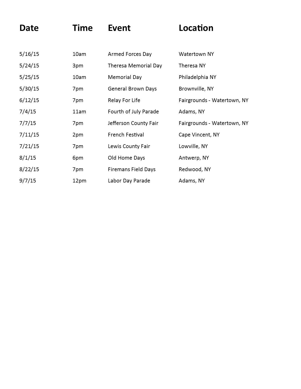 Parade Schedule